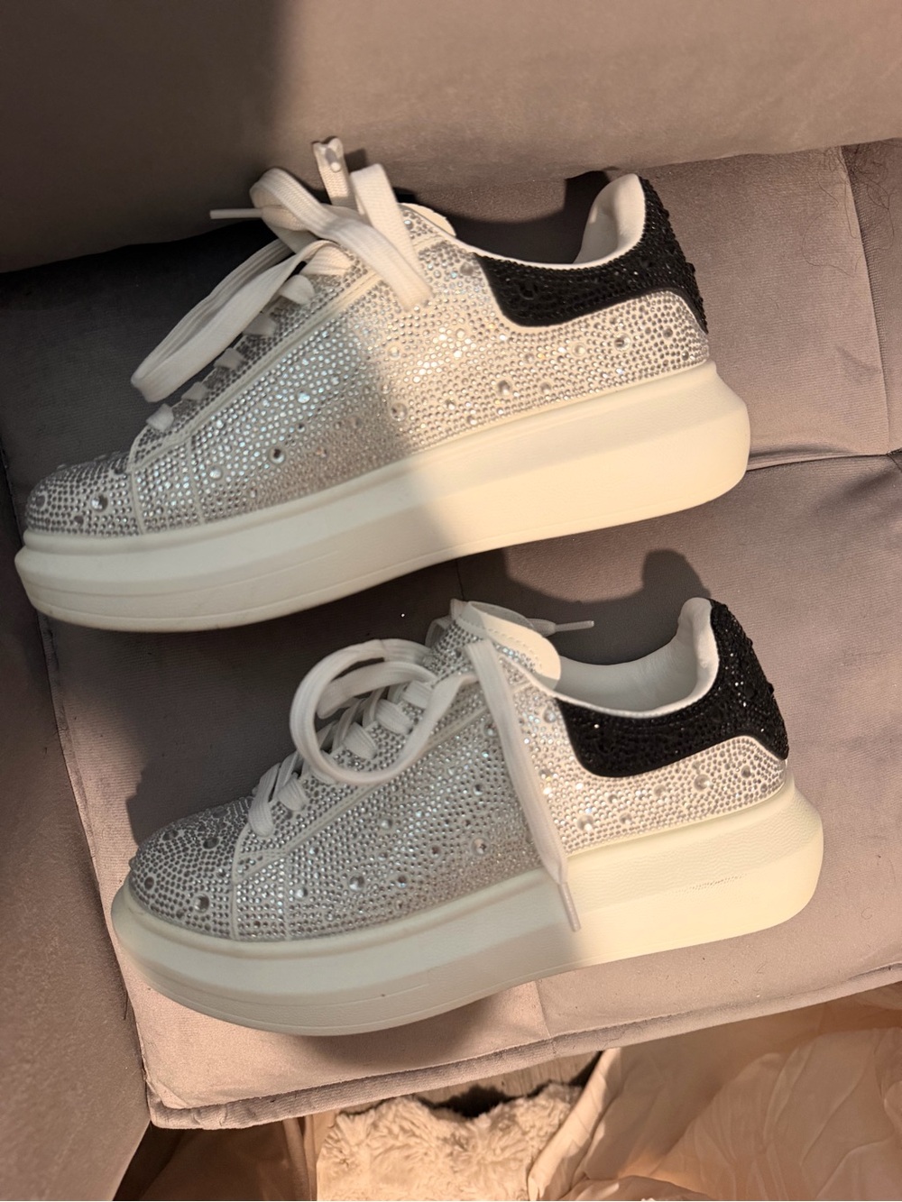 Steve Madden White Rhinestone Platform Sneakers with Black Heel
